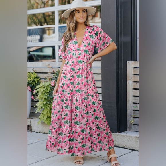 Printed Plunge Short Sleeve Maxi Tiered Dress - Picture 1 of 3